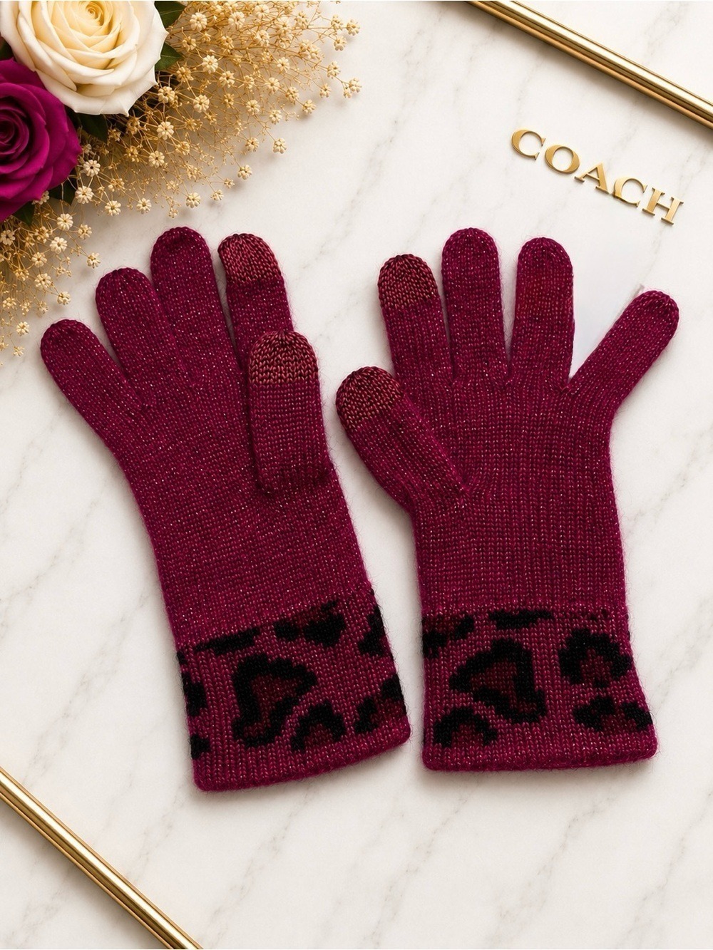 COACH Ocelot Angora Blend Tech Touch Gloves Raspberry Shimmer EUC - Picture 2 of 5